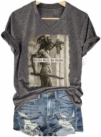 Women Casual V-Neck Short-Sleeve T-Shirt with 3D Digital Printing