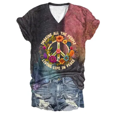 Women Casual V-Neck Short-Sleeve T-Shirt with 3D Digital Printing