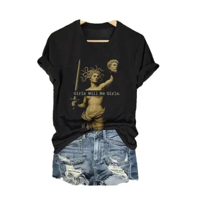 Women Casual V-Neck Short-Sleeve T-Shirt with 3D Digital Printing