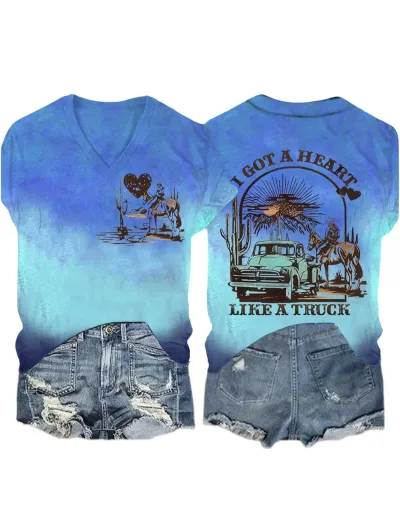 Women Casual V-Neck Short-Sleeve T-Shirt with 3D Digital Printing