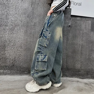 Kids Girls' Fashion Spring Autumn Large Pocket Denim Jeans