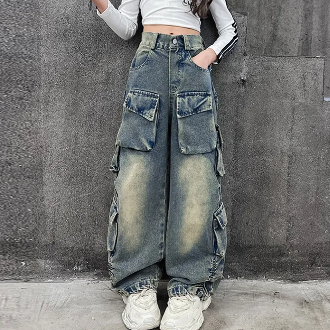 Kids Girls' Fashion Spring Autumn Large Pocket Denim Jeans