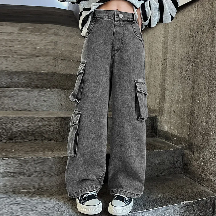 Kids Girls' Fashion Casual Autumn Wide Leg Big Pocket Cotton Jeans