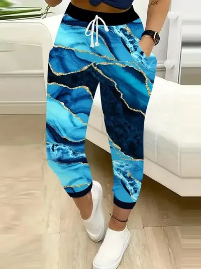 Women Fashion Casual Printed Drawstring Jogger Pants