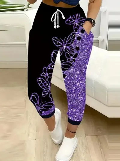 Women Fashion Casual Printed Drawstring Jogger Pants