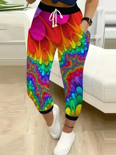 Women Fashion Casual Printed Drawstring Jogger Pants