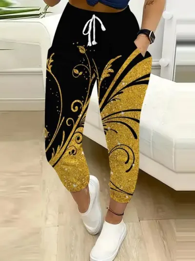 Women Fashion Casual Printed Drawstring Jogger Pants