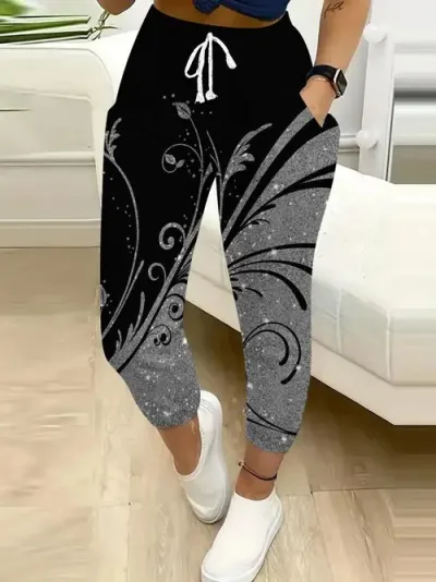 Women Fashion Casual Printed Drawstring Jogger Pants