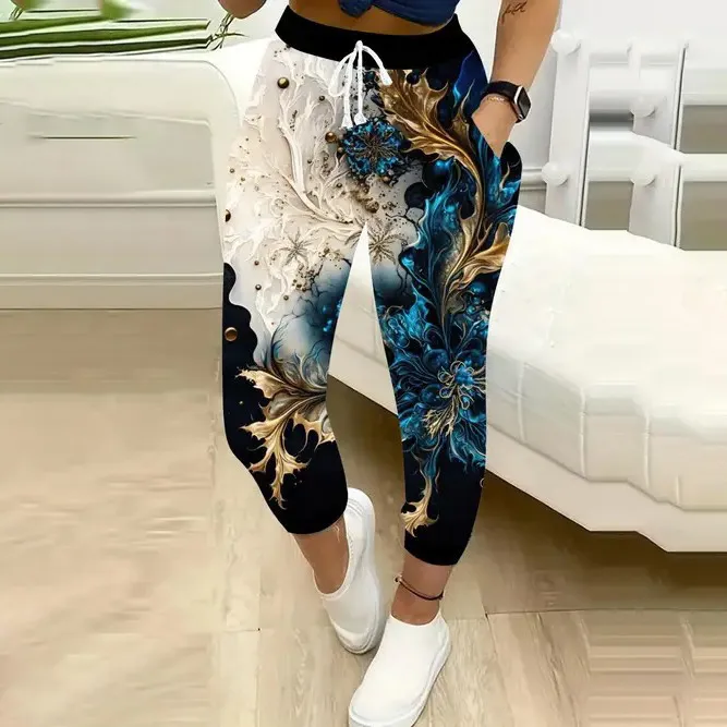 Women Fashion Casual Printed Drawstring Jogger Pants