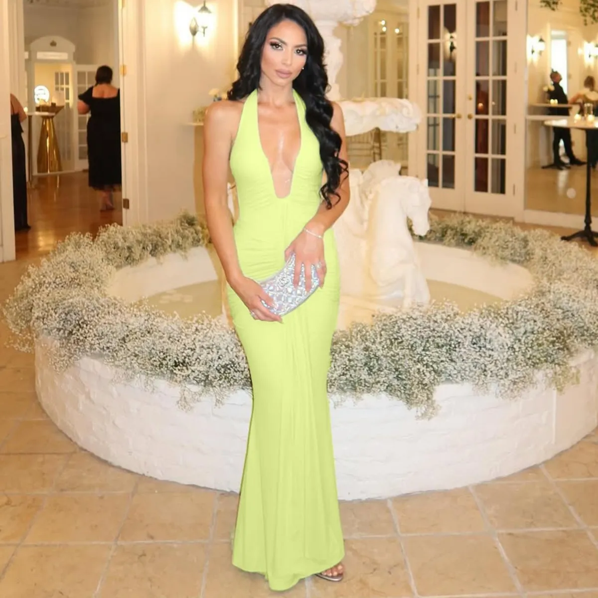 Women Sexy Halter-Neck Backless Maxi Dress Solid Color