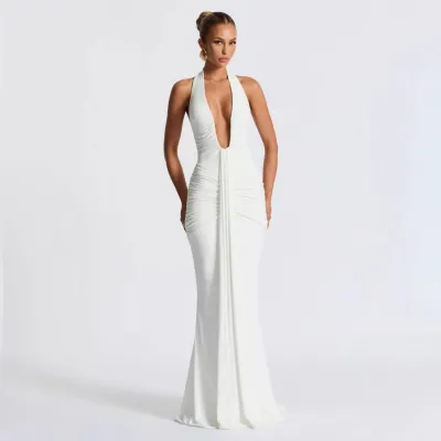 Women Sexy Halter-Neck Backless Maxi Dress Solid Color