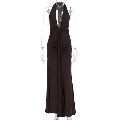 Women Sexy Halter-Neck Backless Maxi Dress Solid Color