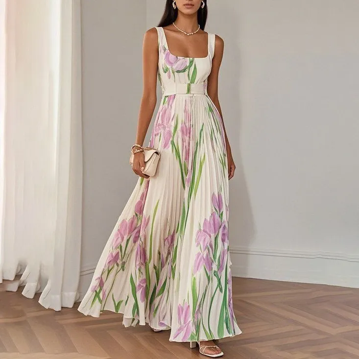 Women Elegant Spring Flower Print Sleeveless Pleated Dress