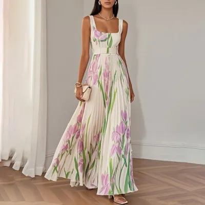 Women Elegant Spring Flower Print Sleeveless Pleated Dress