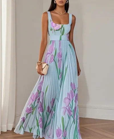 Women Elegant Spring Flower Print Sleeveless Pleated Dress