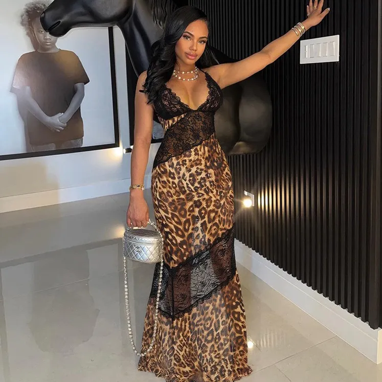 Women Fashion Sexy Leopard Print Stitching Lace Deep V Spaghetti Strap Fishtail Dress