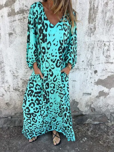 Women Fashion Casual Leopard Printed V-Neck Long-Sleeve Loose Maxi Dress