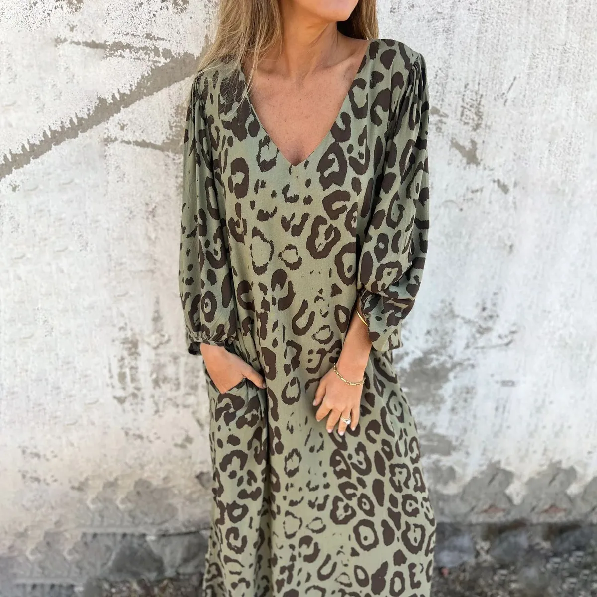 Women Fashion Casual Leopard Printed V-Neck Long-Sleeve Loose Maxi Dress