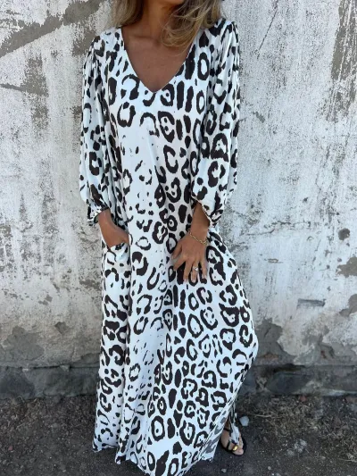 Women Fashion Casual Leopard Printed V-Neck Long-Sleeve Loose Maxi Dress
