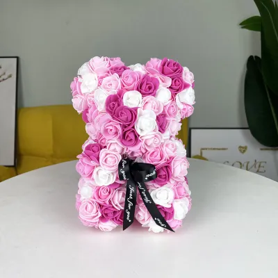 Women Fashion Valentine's Day Gradient Eternal Flower Rose Bear Gift with Light