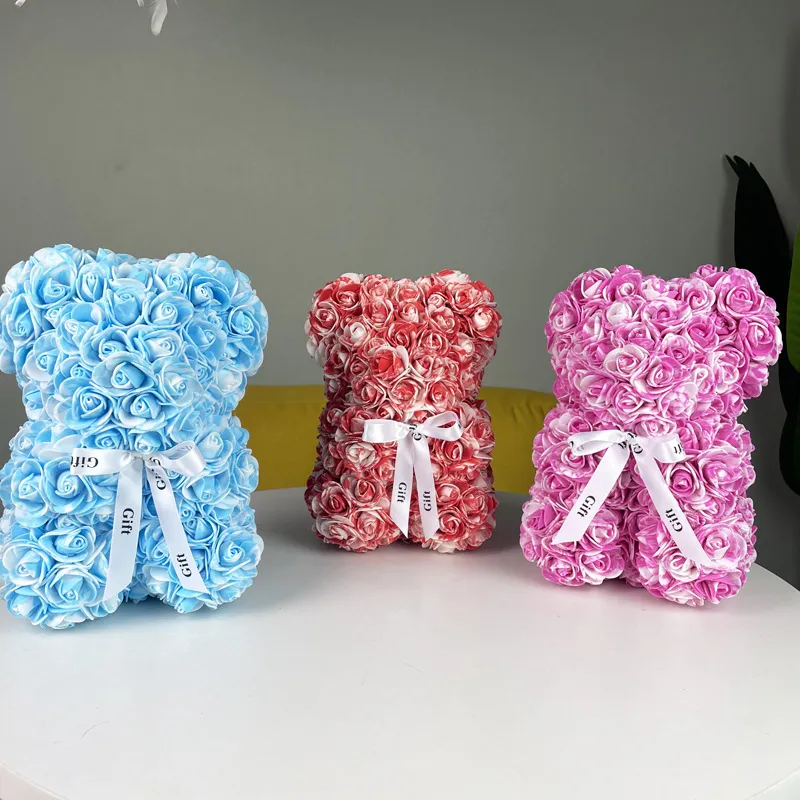 Women Fashion Valentine's Day Gradient Eternal Flower Rose Bear Gift with Light