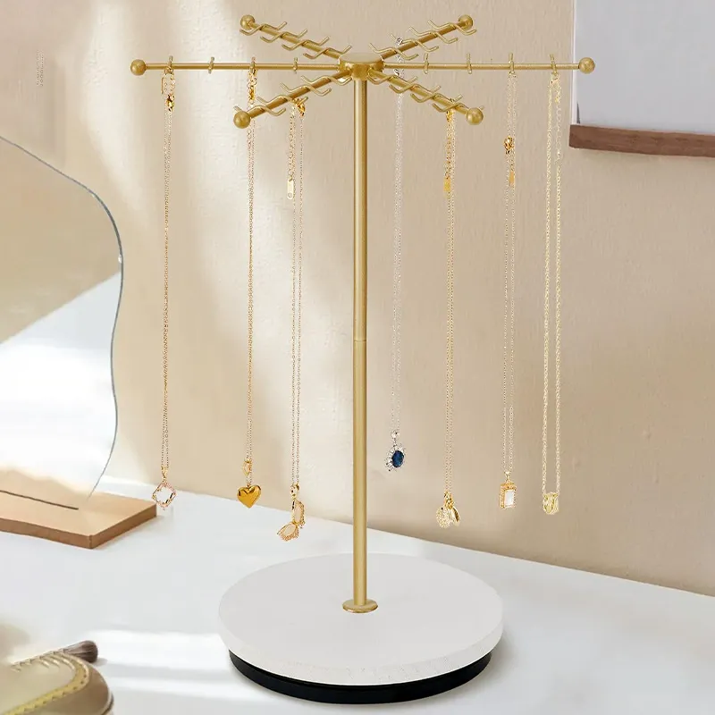 Rotating 48 Hook Gold Jewelry Display Stand - Simple Modern Carbon Steel 5-Tier Floor Display
