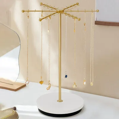 Rotating 48 Hook Gold Jewelry Display Stand - Simple Modern Carbon Steel 5-Tier Floor Display