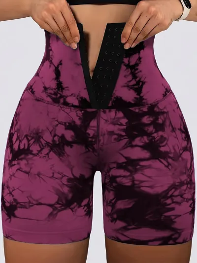 Women Printed High Waist Double-Breasted Yoga Shorts