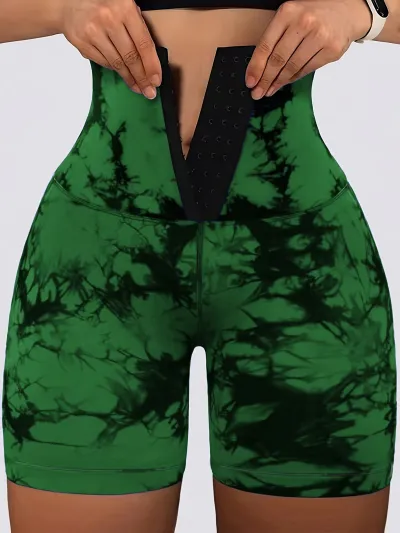 Women Printed High Waist Double-Breasted Yoga Shorts