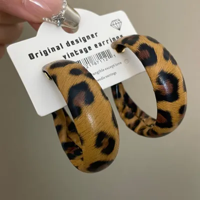 Women Fashion Leopard Leather Geometric Earrings 925 Silver