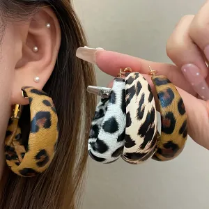 Women Fashion Leopard Leather Geometric Earrings 925 Silver