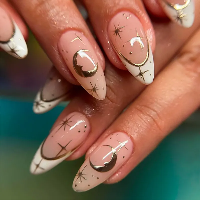 Women Fashion Almond Stars and Moon Art Patch Fake Nails Long Wearable