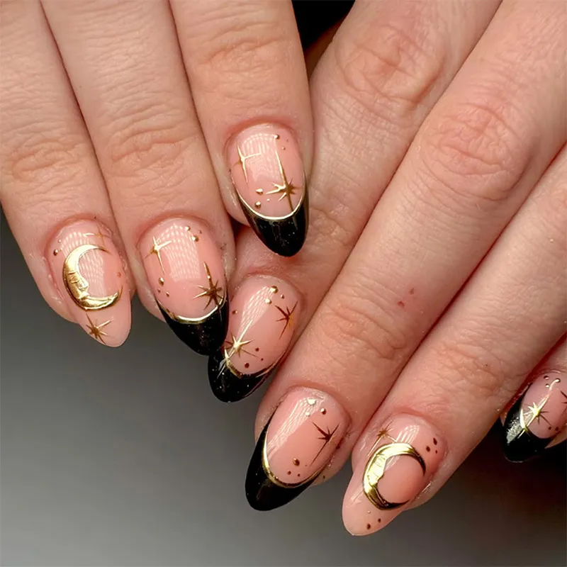 Women's Gold-Plated Black Edge Star Removable Long Fake Nails Press On Beauty Nails