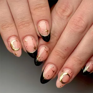 Women's Gold-Plated Black Edge Star Removable Long Fake Nails Press On Beauty Nails