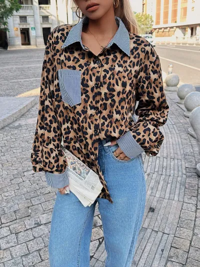 Women Fashion Casual Leopard Stitching Stripe Lapel Long-Sleeve Loose Blouse