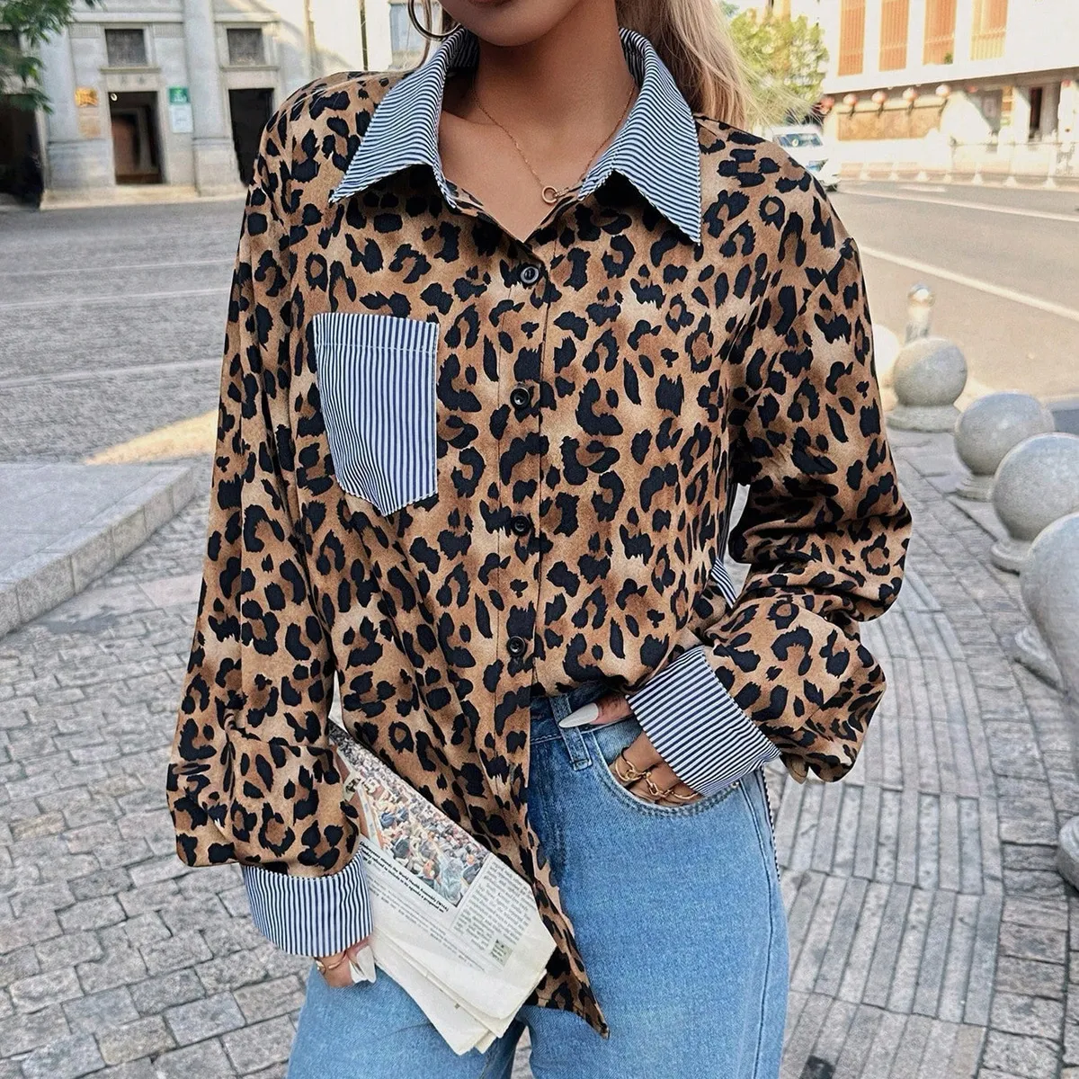 Women Fashion Casual Leopard Stitching Stripe Lapel Long-Sleeve Loose Blouse