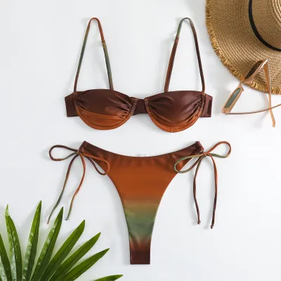 Women Fashion Sexy Gradient Steel Lace-Up Bikini Swimsuit