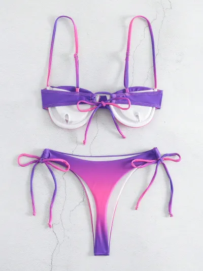 Women Fashion Sexy Gradient Steel Lace-Up Bikini Swimsuit
