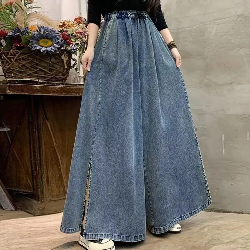 Women Fashion Casual High Waist Split Wide Leg Denim Jeans