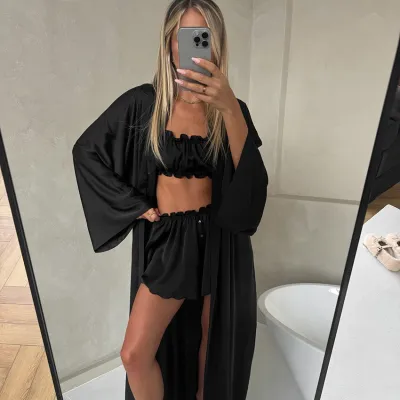 Women Fashion Autumn Winter Solid Color Imitation Silk Bra Shorts Robe Pajamas Three-Piece Set