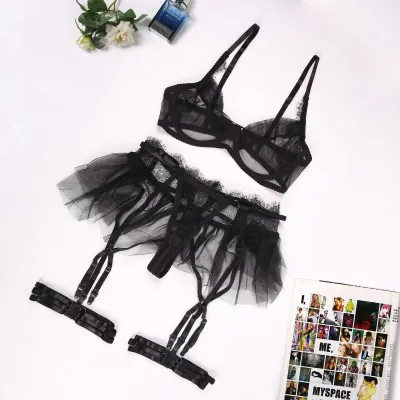 Women Sexy Mesh Lingerie Set with Garter Buckle - Solid Color Four-Piece Bra Set