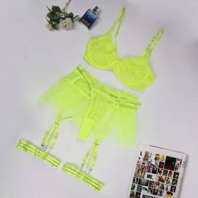 Women Sexy Mesh Lingerie Set with Garter Buckle - Solid Color Four-Piece Bra Set