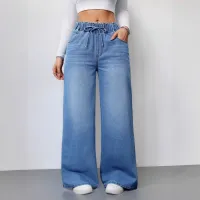 Women Fashion Casual Washed Solid Color Drawstring High Waist Wide Leg Jeans
