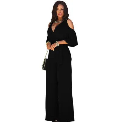 Women Fashion Casual Solid Color V-Neck Short-Sleeve Wide Leg Jumpsuits