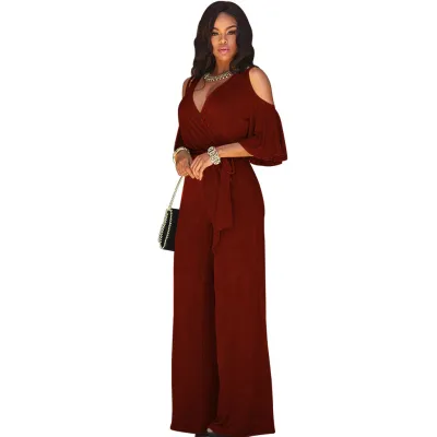 Women Fashion Casual Solid Color V-Neck Short-Sleeve Wide Leg Jumpsuits