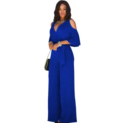 Women Fashion Casual Solid Color V-Neck Short-Sleeve Wide Leg Jumpsuits