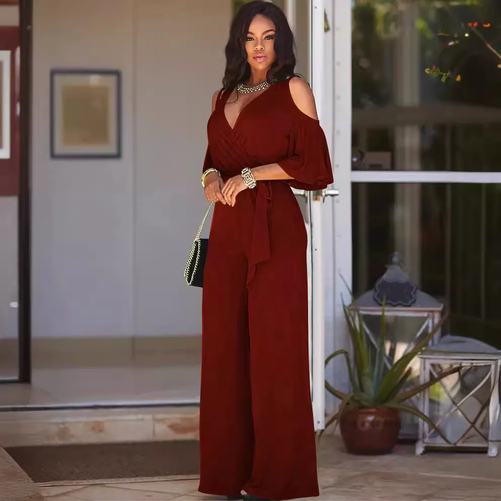 Women Fashion Casual Solid Color V-Neck Short-Sleeve Wide Leg Jumpsuits
