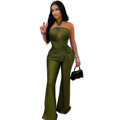 Women Fashion Sexy Solid Color Halter-Neck Backless Wide Leg Jumpsuit