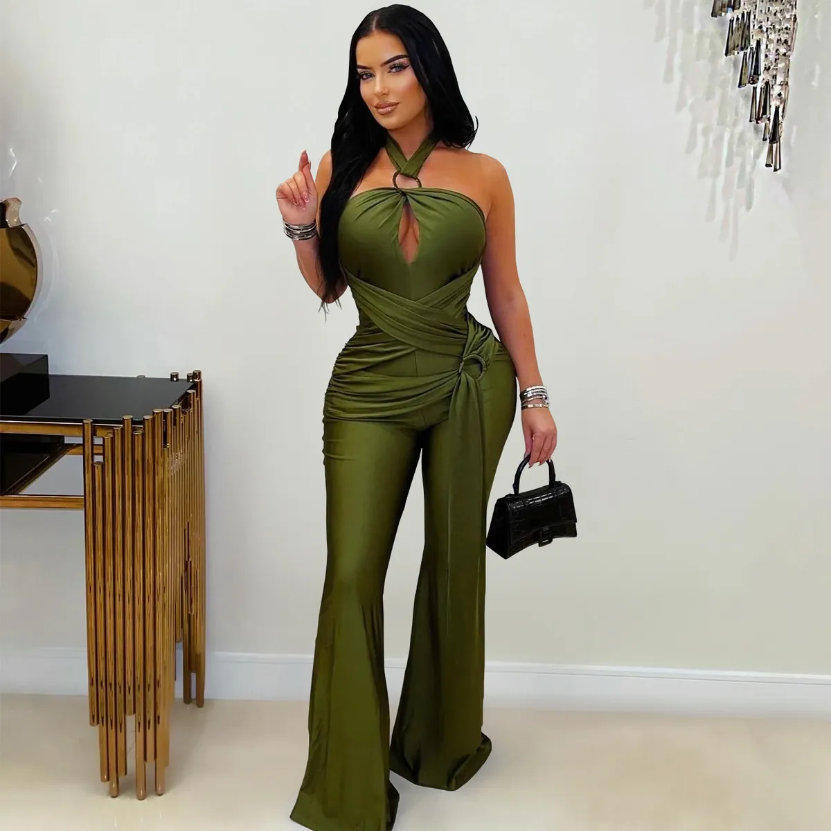 Women Fashion Sexy Solid Color Halter-Neck Backless Wide Leg Jumpsuit