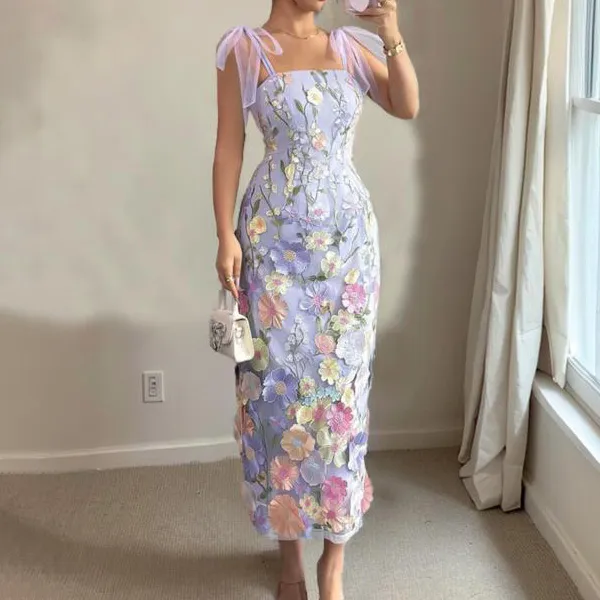 Women Sexy Floral Embroidery Sleeveless Lace-Up Slim Fit Dress